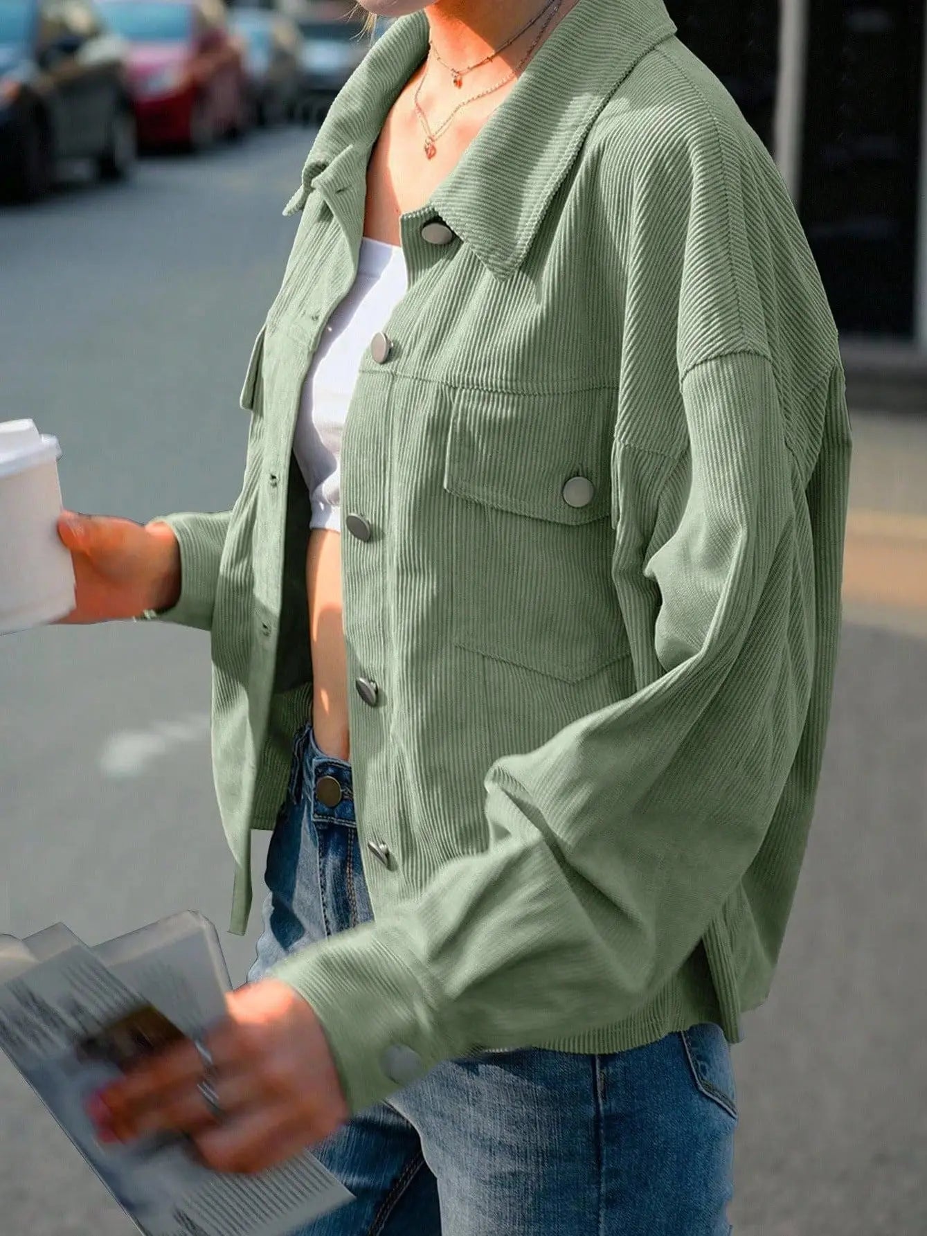 Solid Corduroy Jacket Casual Oversized Button Front