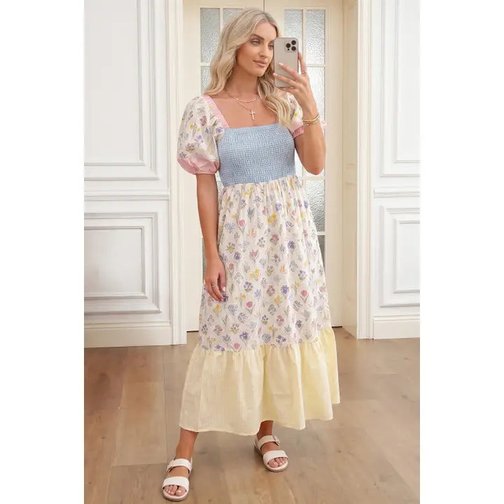 Floral Print Patchwork Square Neck Shirred Long Dress