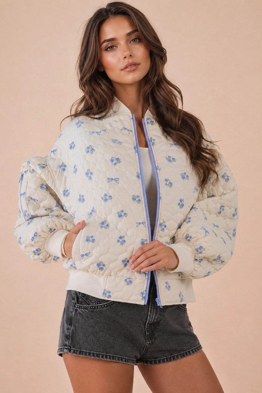 Floral Printed Quilted Oversized Casual Jacket