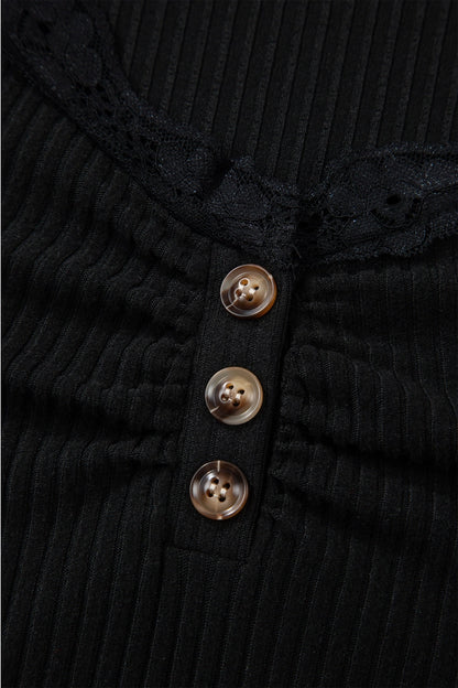 Lace Neckline Button Decor Lettuce Edged Ribbed Top