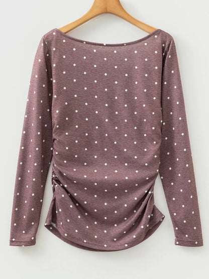 Polka Dot Boatneck Long Sleeve Knit T-Shirt