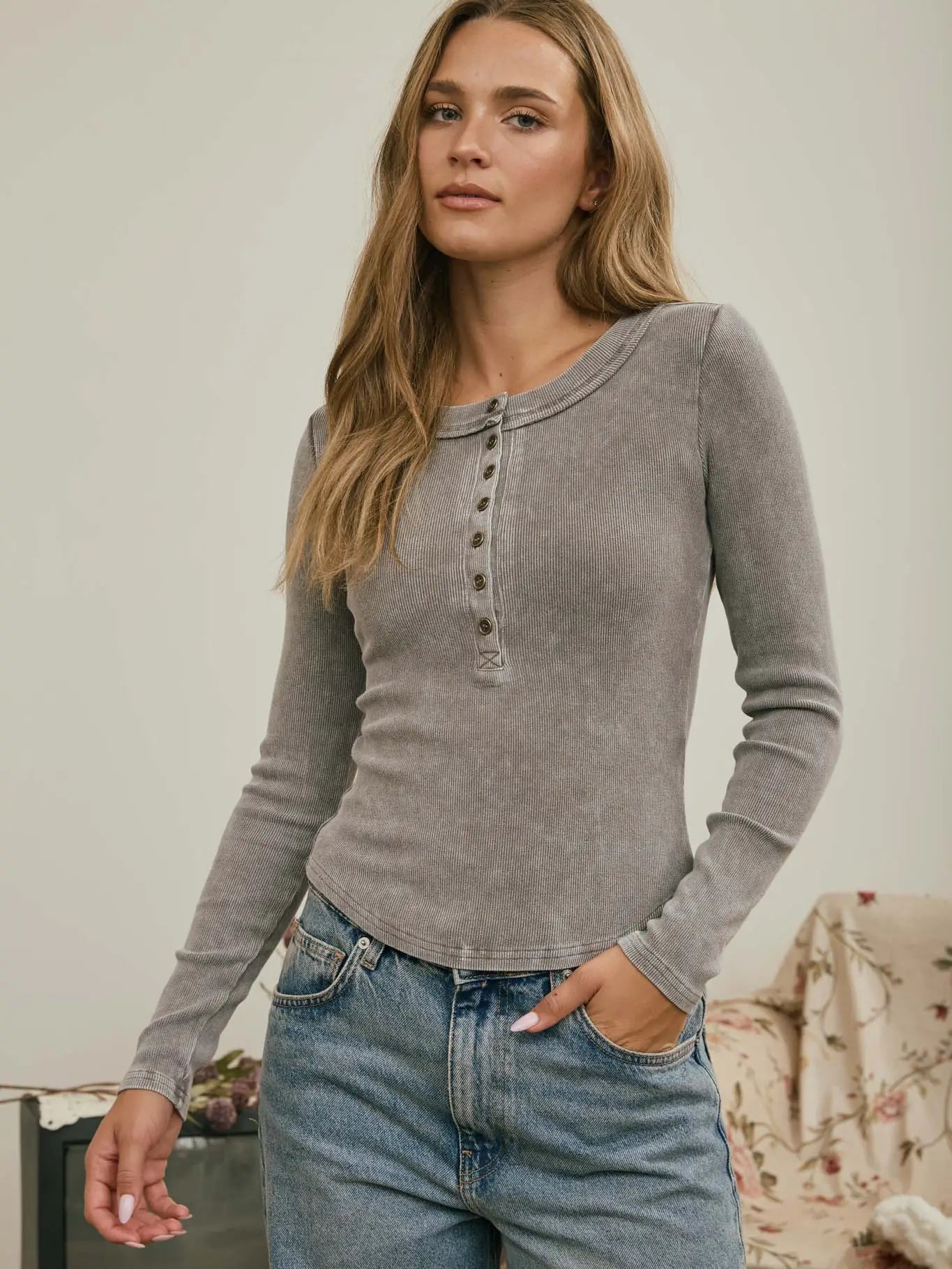 Washed Long Sleeve Ribbed Henley Knit Top