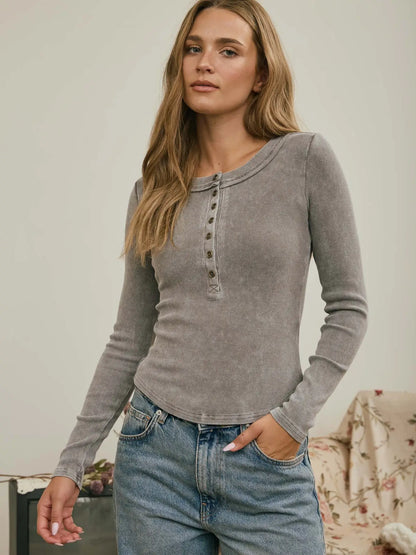Washed Long Sleeve Ribbed Henley Knit Top