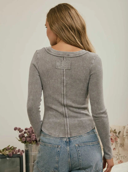 Washed Long Sleeve Ribbed Henley Knit Top