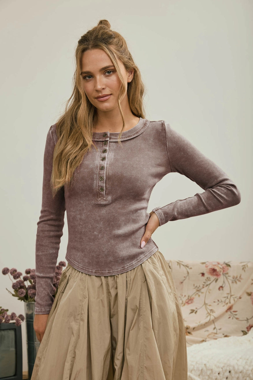 Washed Long Sleeve Ribbed Henley Knit Top