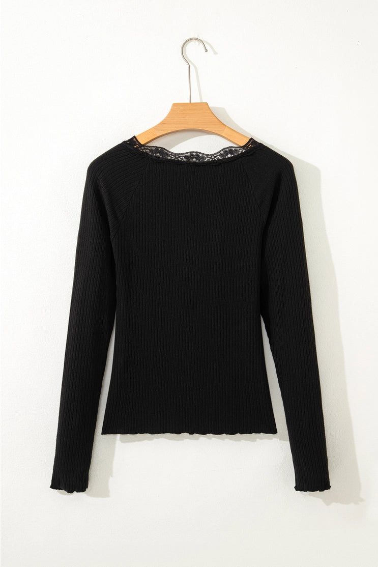 Lace Neckline Button Decor Lettuce Edged Ribbed Top