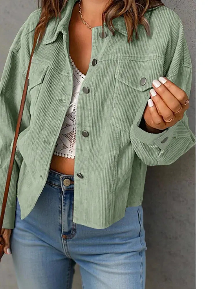 Solid Corduroy Jacket Casual Oversized Button Front