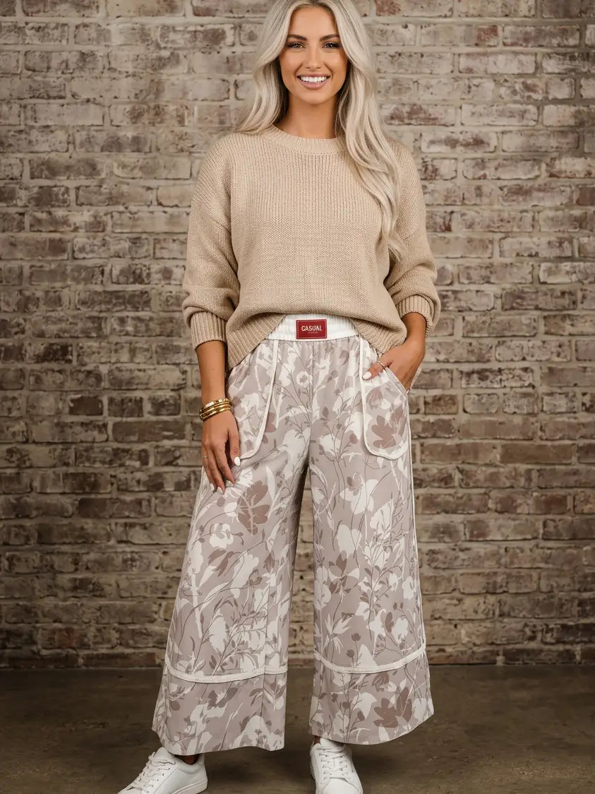 Floral Elastic Waistband Wide Leg Pants