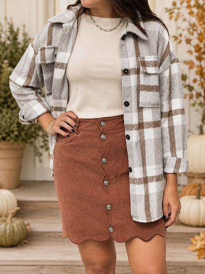 Coffee Button-Front Corduroy Mini Skirt