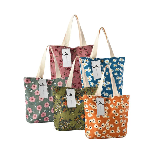 Cosbai- Vintage Artistic Floral Corduroy Tote Bag