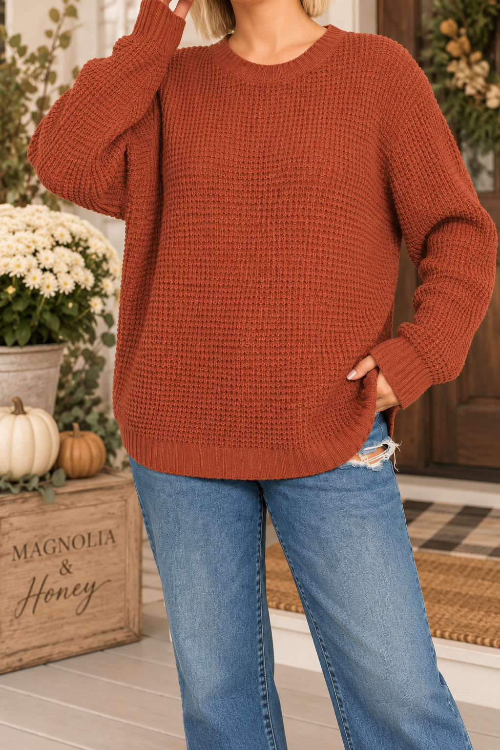 Rust Hi-Low Waffle Knit Sweater