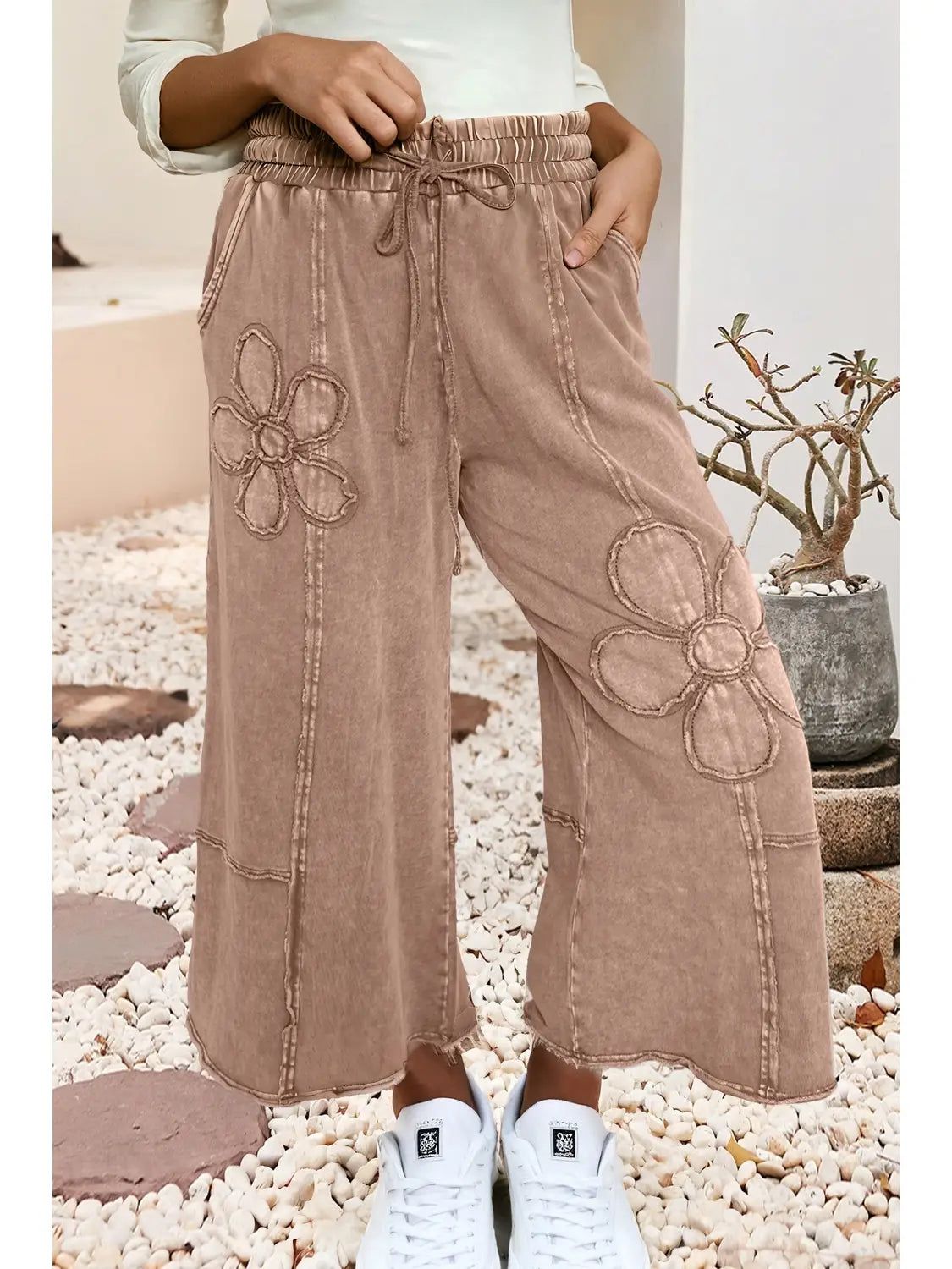 LDC Floral Patch Mineral Washed Terry Knit Cropped Pants