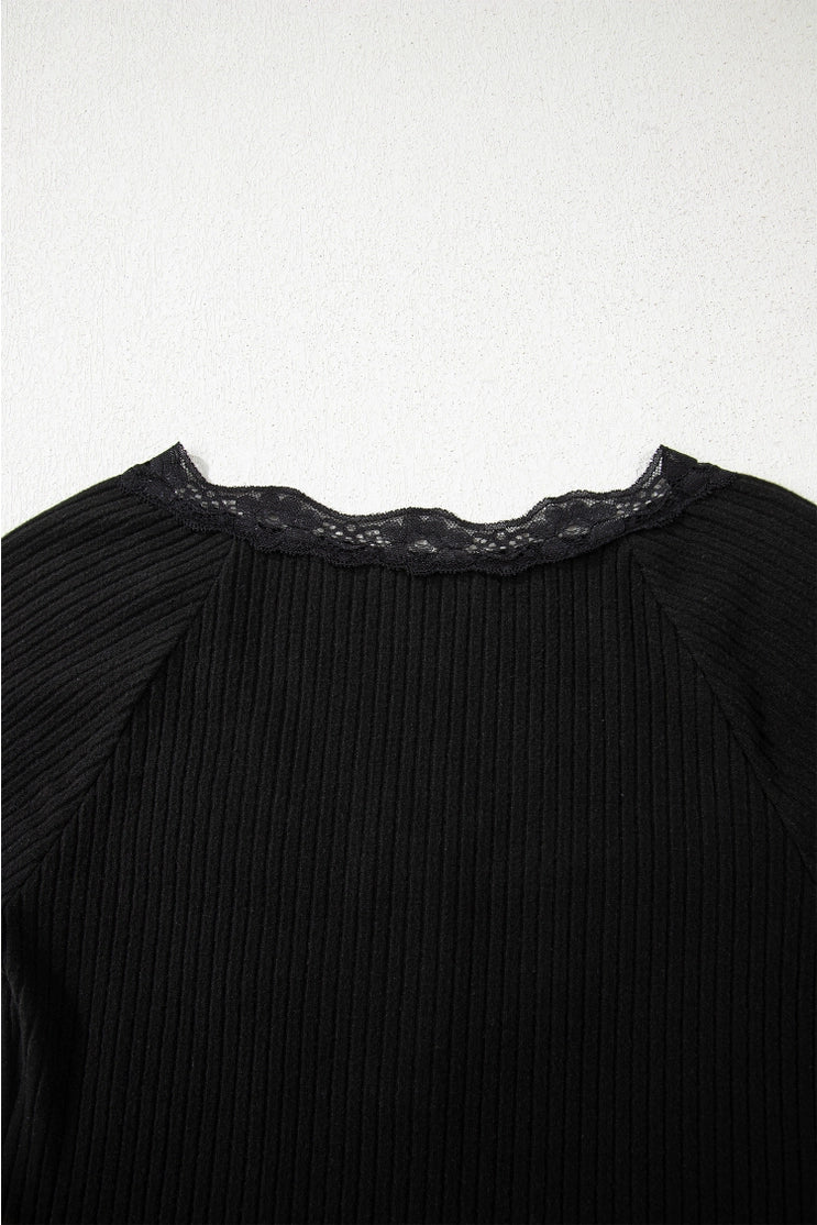 Lace Neckline Button Decor Lettuce Edged Ribbed Top