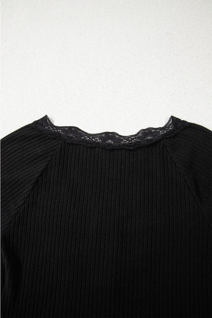 Lace Neckline Button Decor Lettuce Edged Ribbed Top