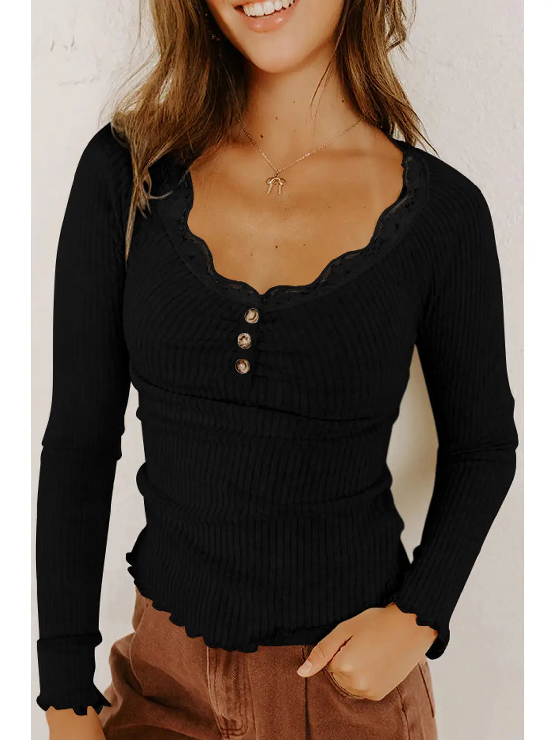 Lace Neckline Button Decor Lettuce Edged Ribbed Top