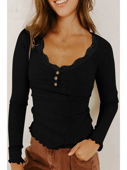 Lace Neckline Button Decor Lettuce Edged Ribbed Top