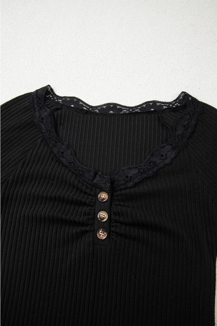 Lace Neckline Button Decor Lettuce Edged Ribbed Top