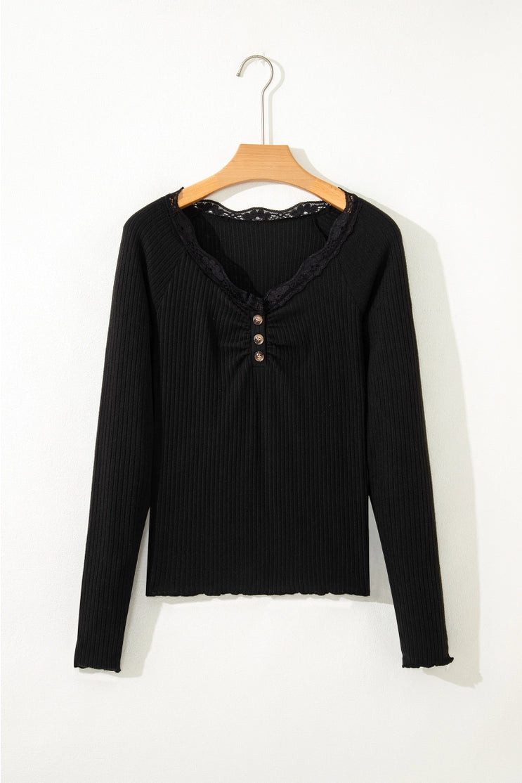 Lace Neckline Button Decor Lettuce Edged Ribbed Top