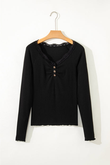 Lace Neckline Button Decor Lettuce Edged Ribbed Top